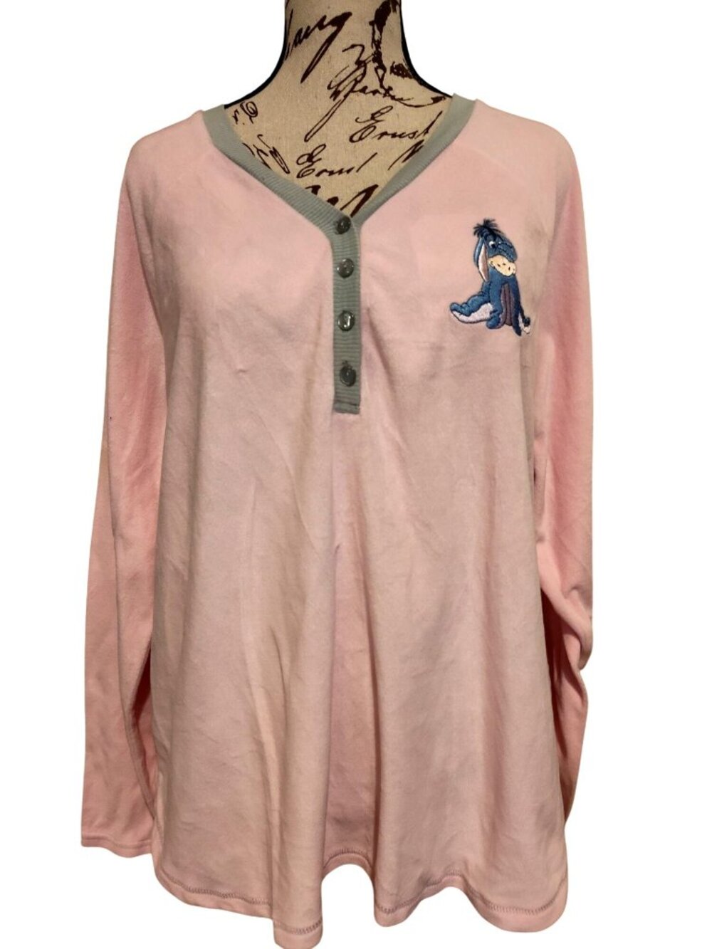 Disney Eeyore Pink Long Sleeve Henley Pajama Top XL Polyester Sleepwear